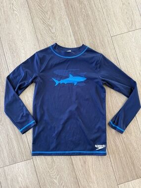 Speedo Navy and Bright Blue Shark Long Sleeve Rash Guard boys size small